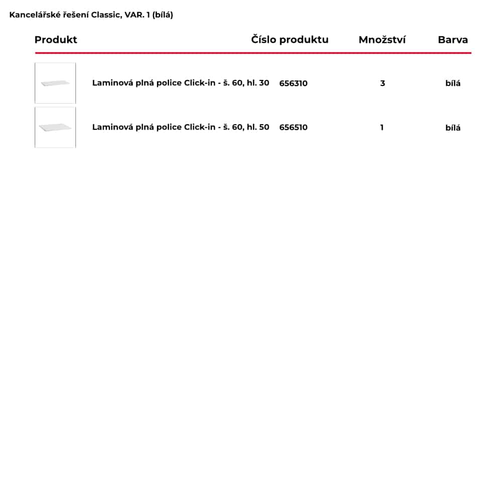 Seznam produktů obsažených pro hotové kancelářské řešení Classic by Elfa v bílé variantě - var. 1