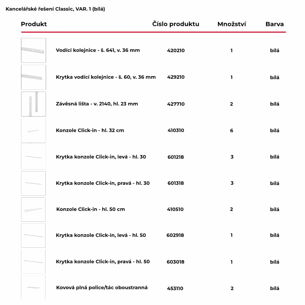 Seznam produktů obsažených pro hotové kancelářské řešení Classic by Elfa v bílé variantě - var. 1