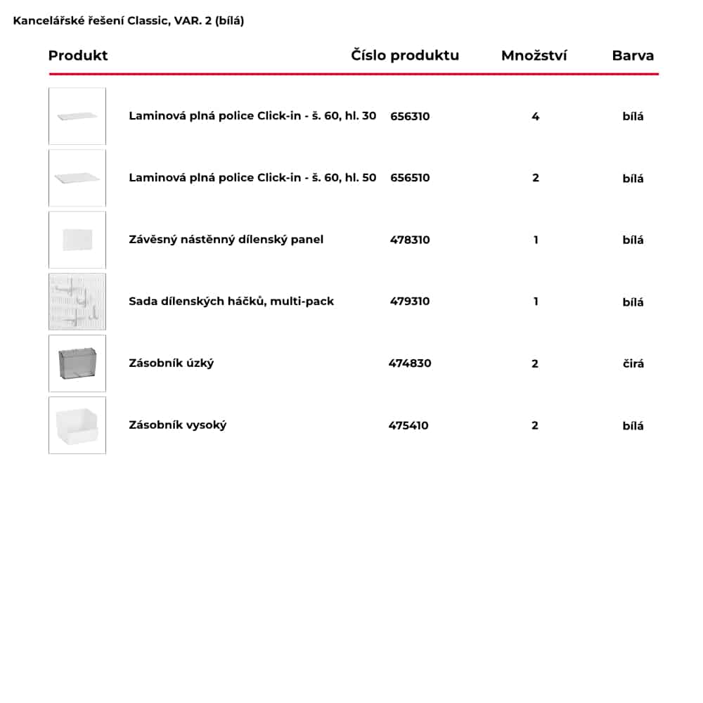 Seznam produktů obsažených pro hotové kancelářské řešení Classic by Elfa v bílé variantě - var. 2