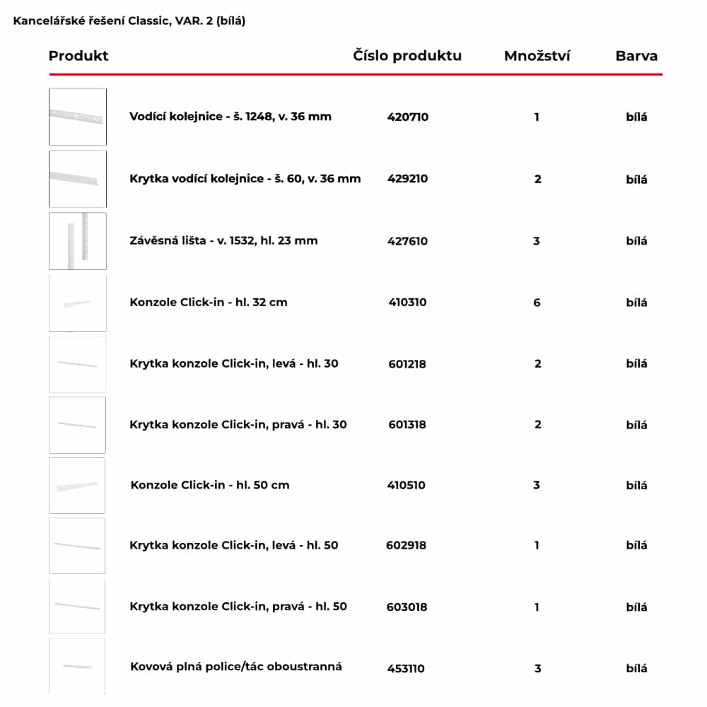 Seznam produktů obsažených pro hotové kancelářské řešení Classic by Elfa v bílé variantě - var. 2