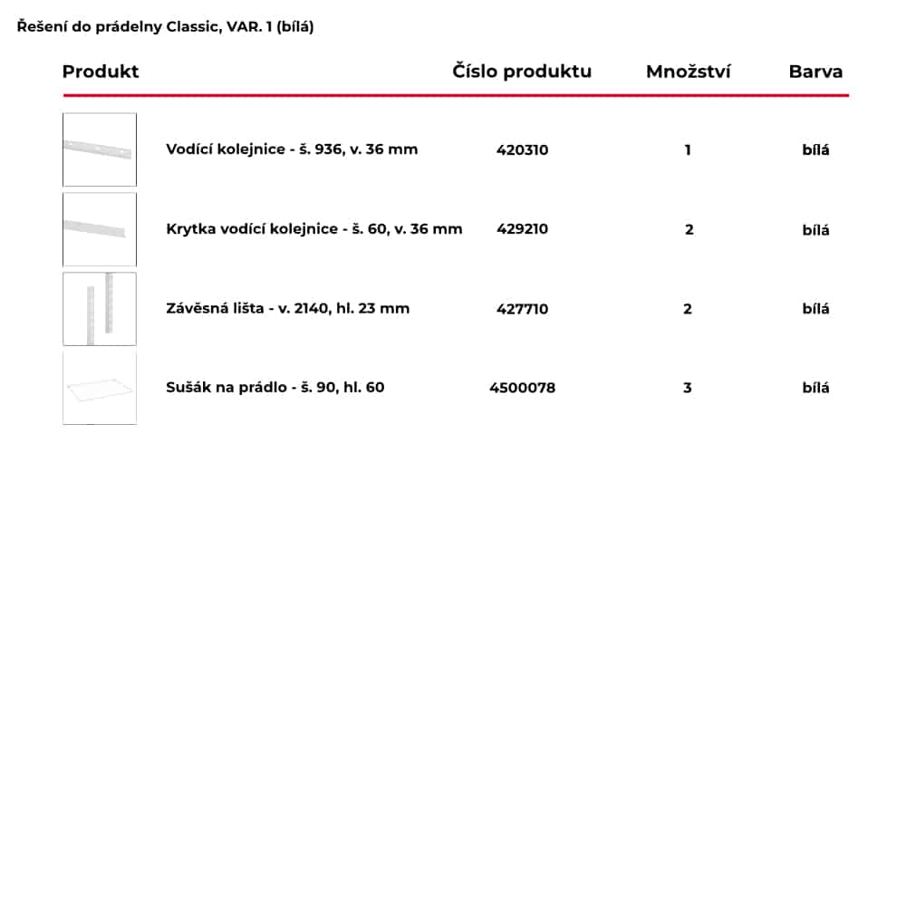 Seznam obsažených produktů pro hotové řešení do prádelny Classic by Elfa v bílé variantě - var. 1