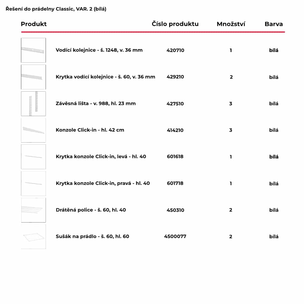 Seznam obsažených produktů pro hotové řešení do prádelny Classic by Elfa v bílé variantě - var. 2