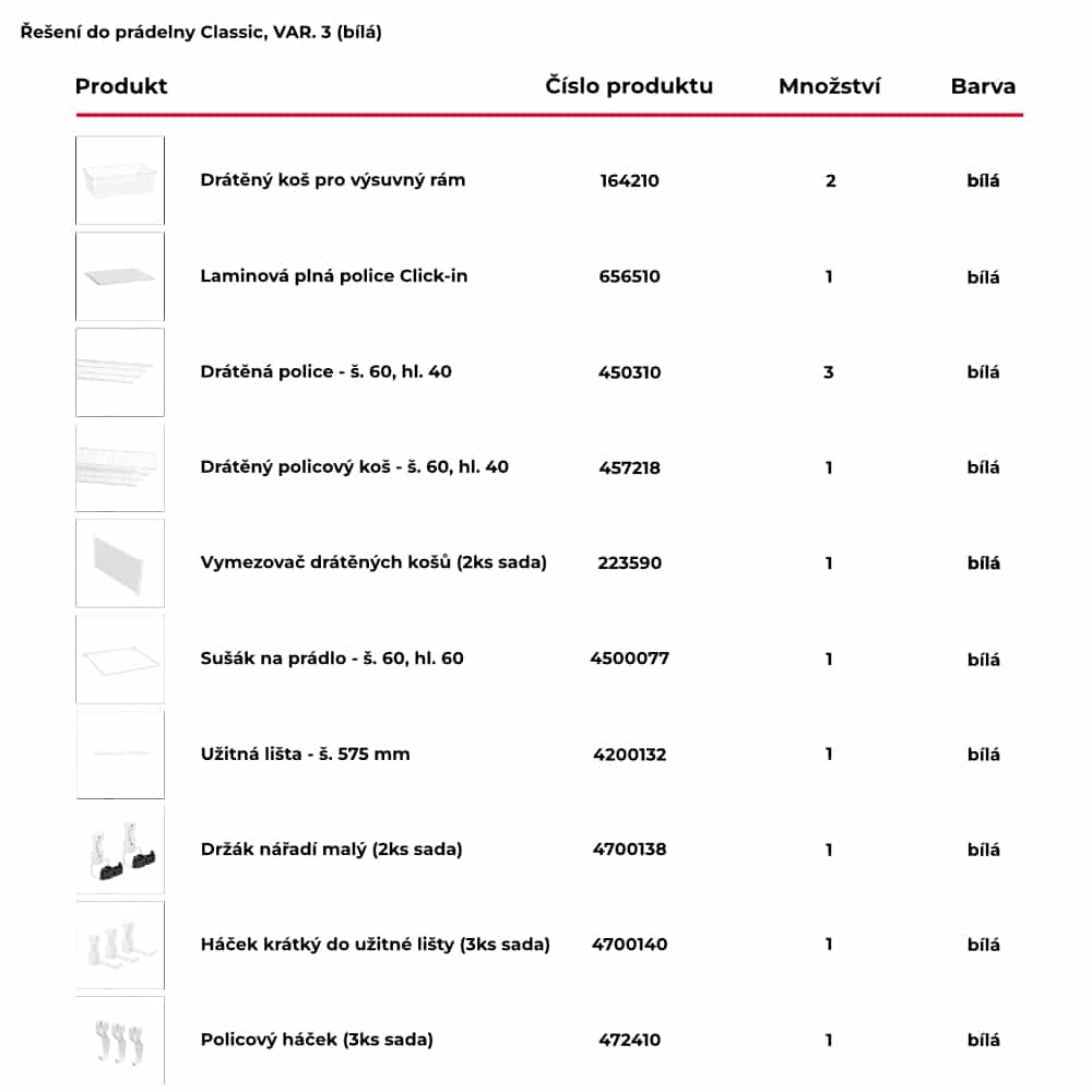 Seznam obsažených produktů pro hotové řešení do prádelny Classic by Elfa v bílé variantě - var. 3