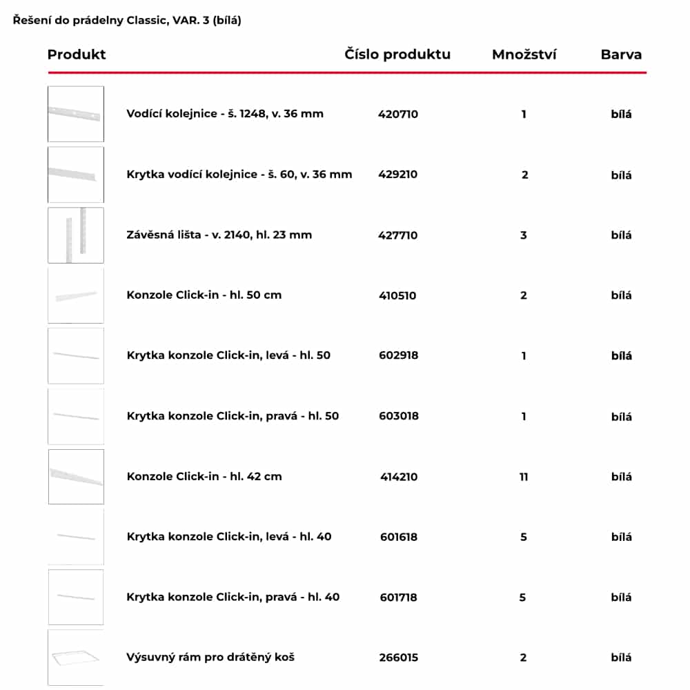 Seznam obsažených produktů pro hotové řešení do prádelny Classic by Elfa v bílé variantě - var. 3