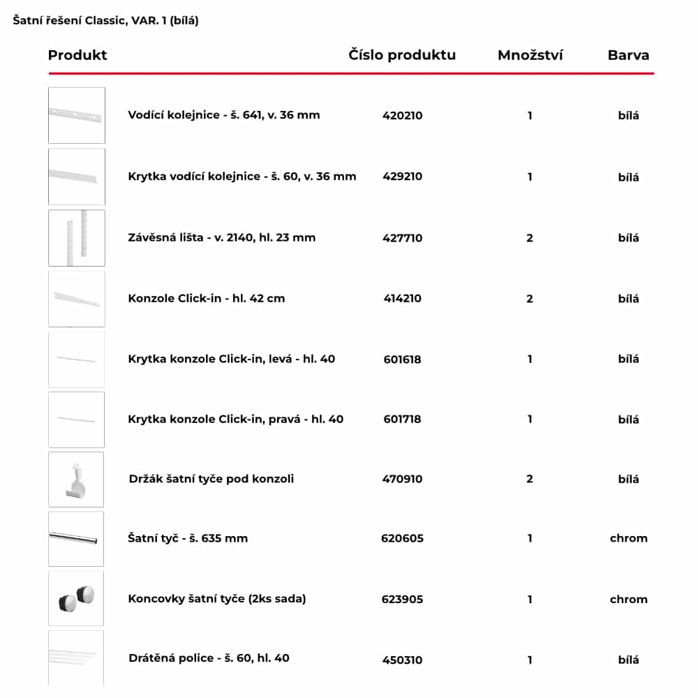 Seznam obsažených produktů pro hotové šatní řešení Classic by Elfa v bílé variantě - var. 1