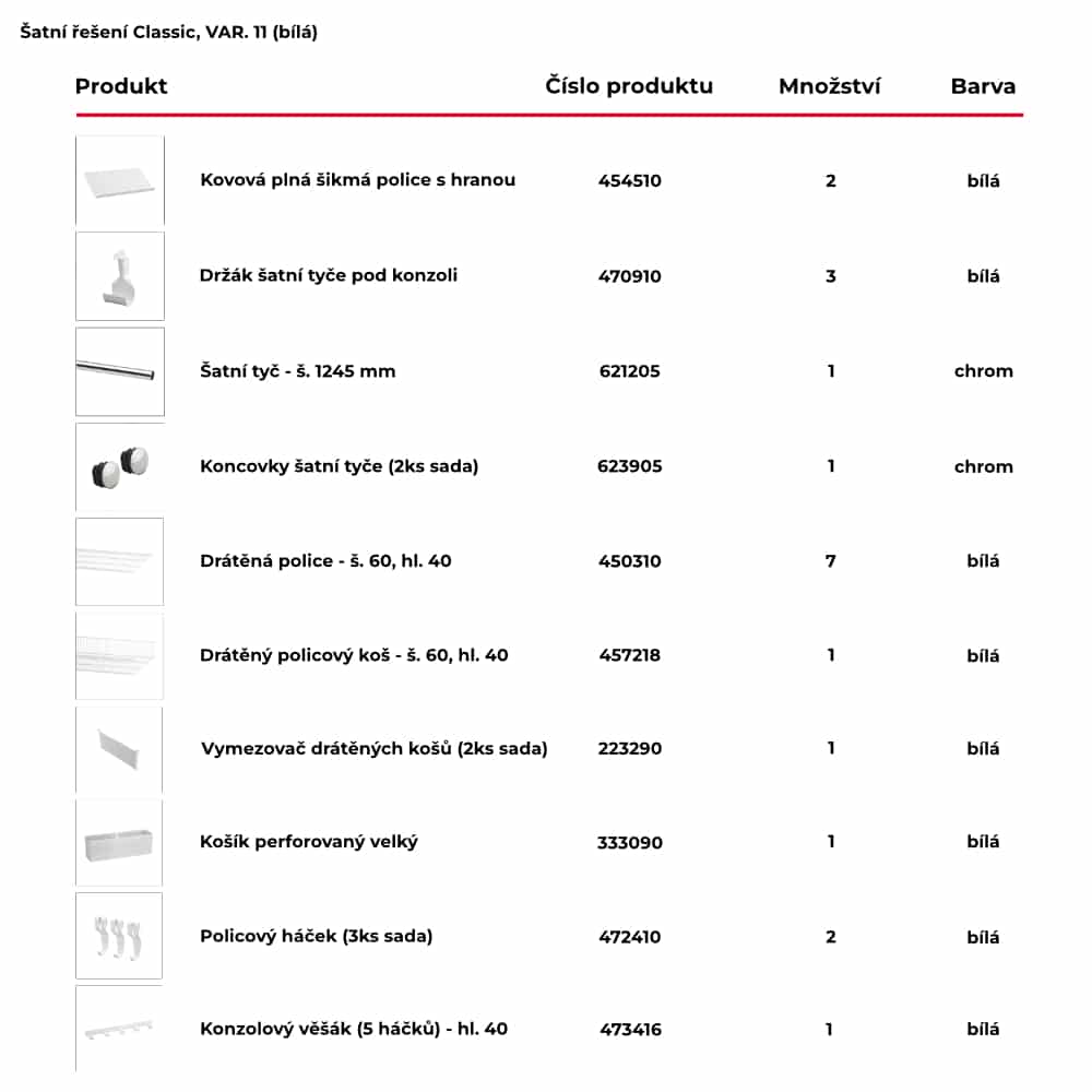 Seznam produktů obsažených pro hotové šatní řešení Classic by Elfa v bílé variantě - var. 11