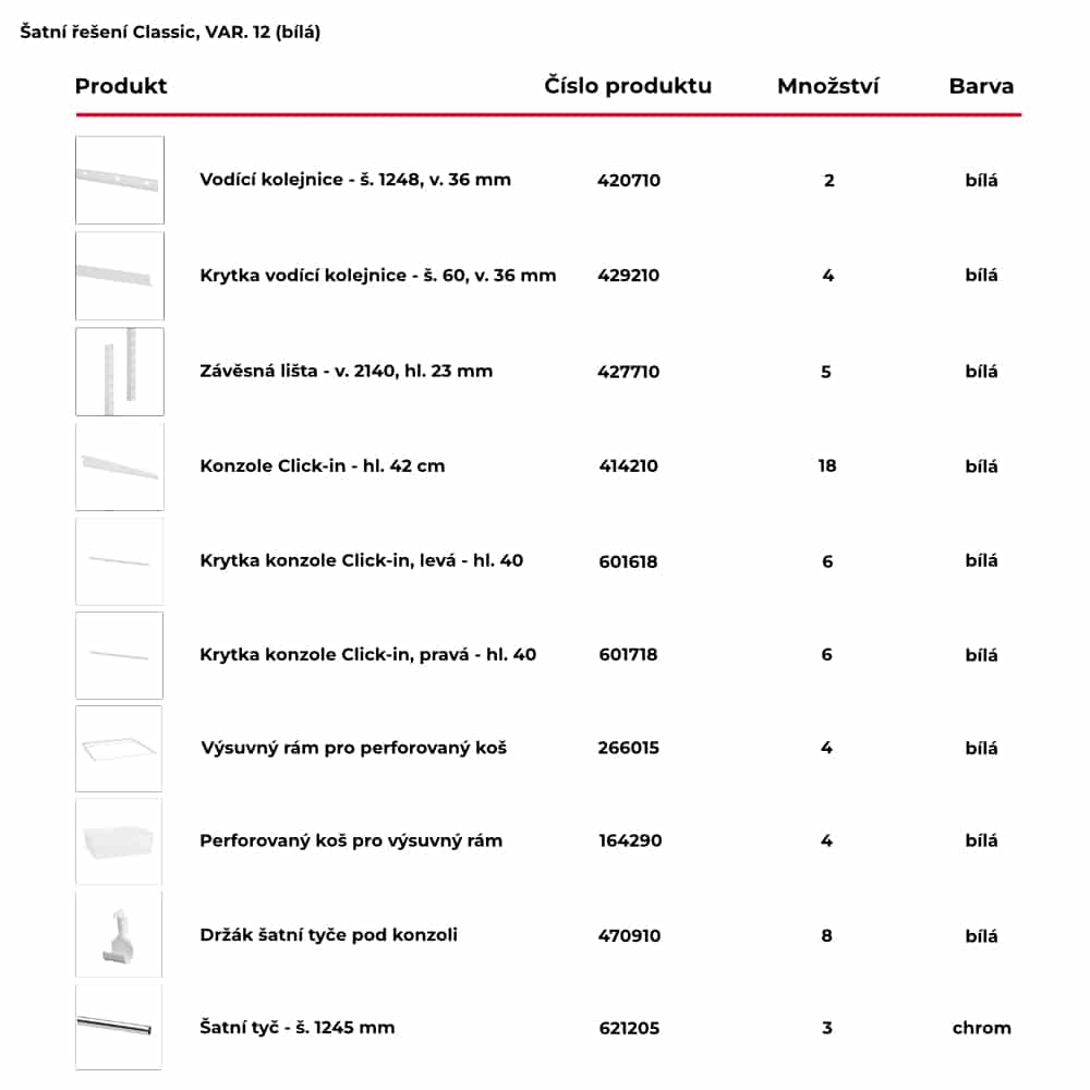 Seznam obsažených produktů pro hotové šatní řešení Classic by Elfa v bílé variantě - var. 12