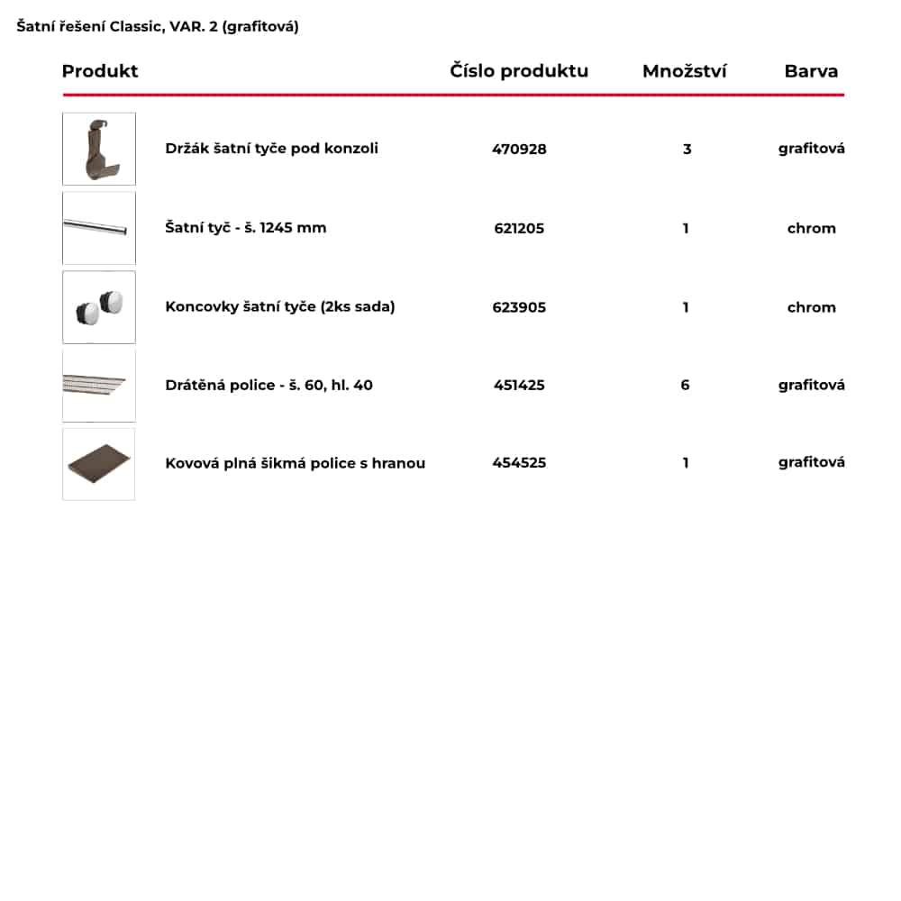 Seznam obsažených produktů pro hotové šatní řešení Classic by Elfa v grafitové variantě - var. 2