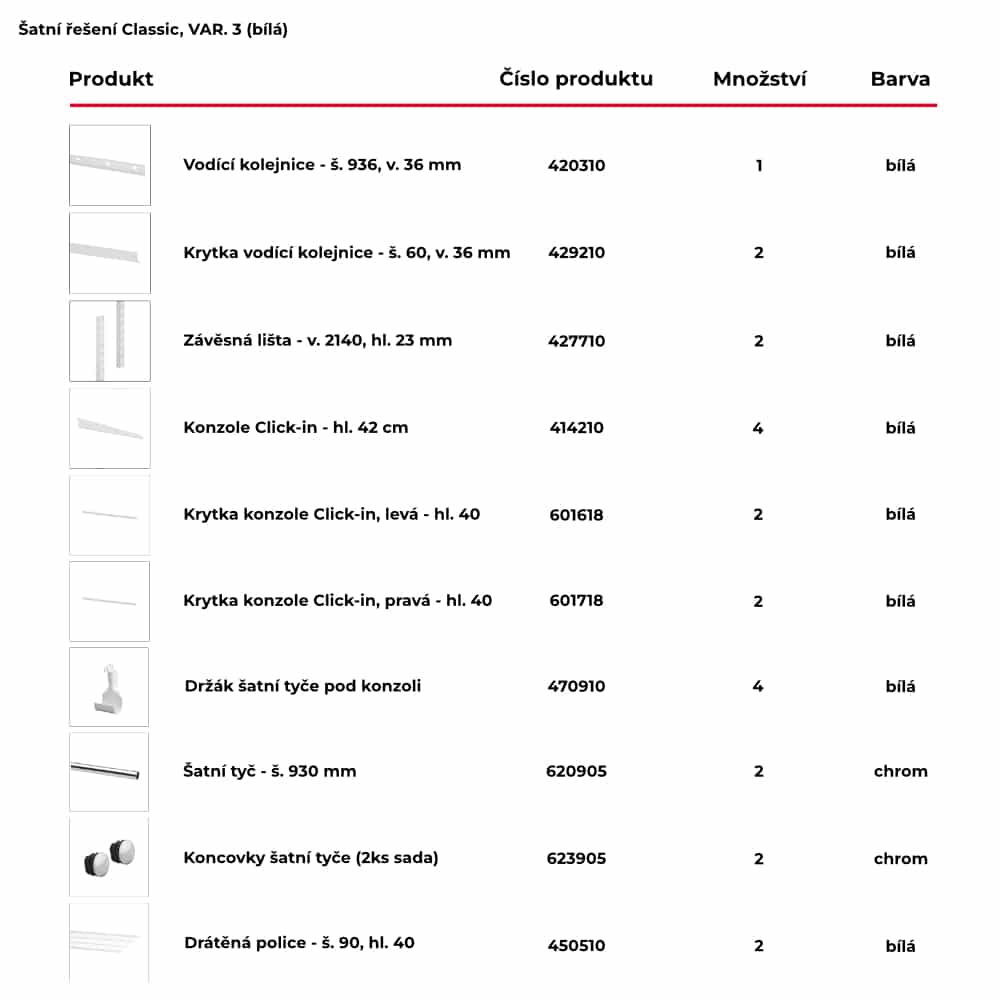 Seznam obsažených produktů pro hotové šatní řešení Classic by Elfa v bílé variantě - var. 3