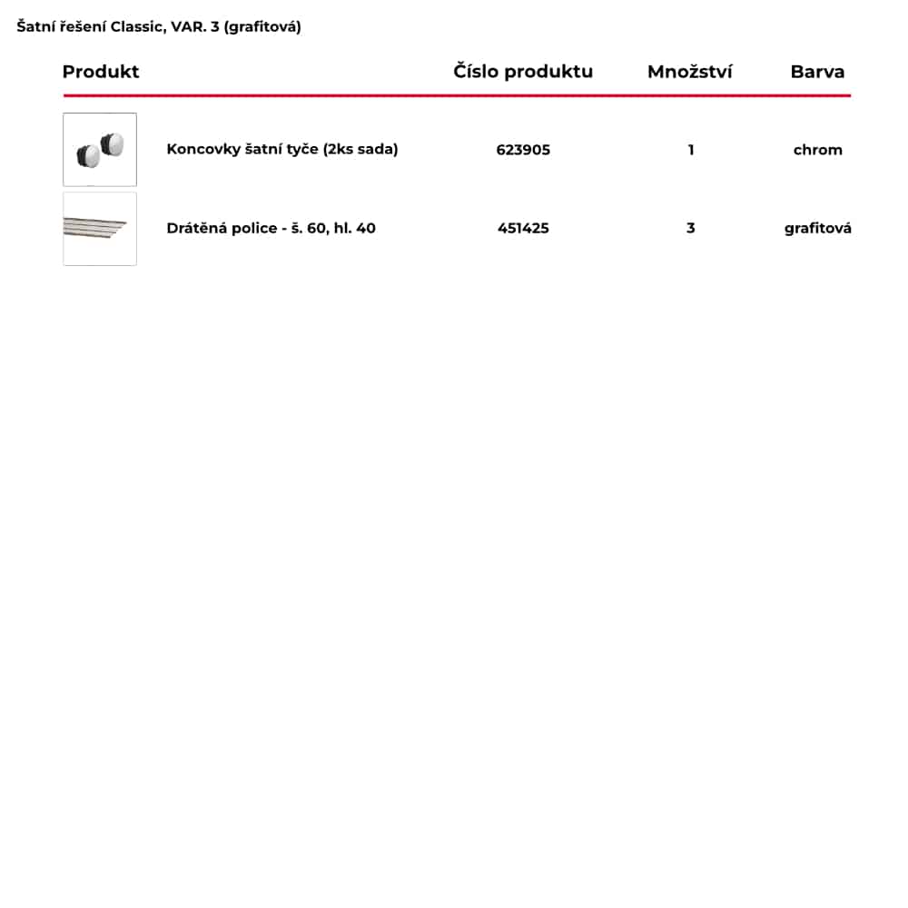 Seznam obsažených produktů pro hotové šatní řešení Classic by Elfa v grafitové variantě - var. 3