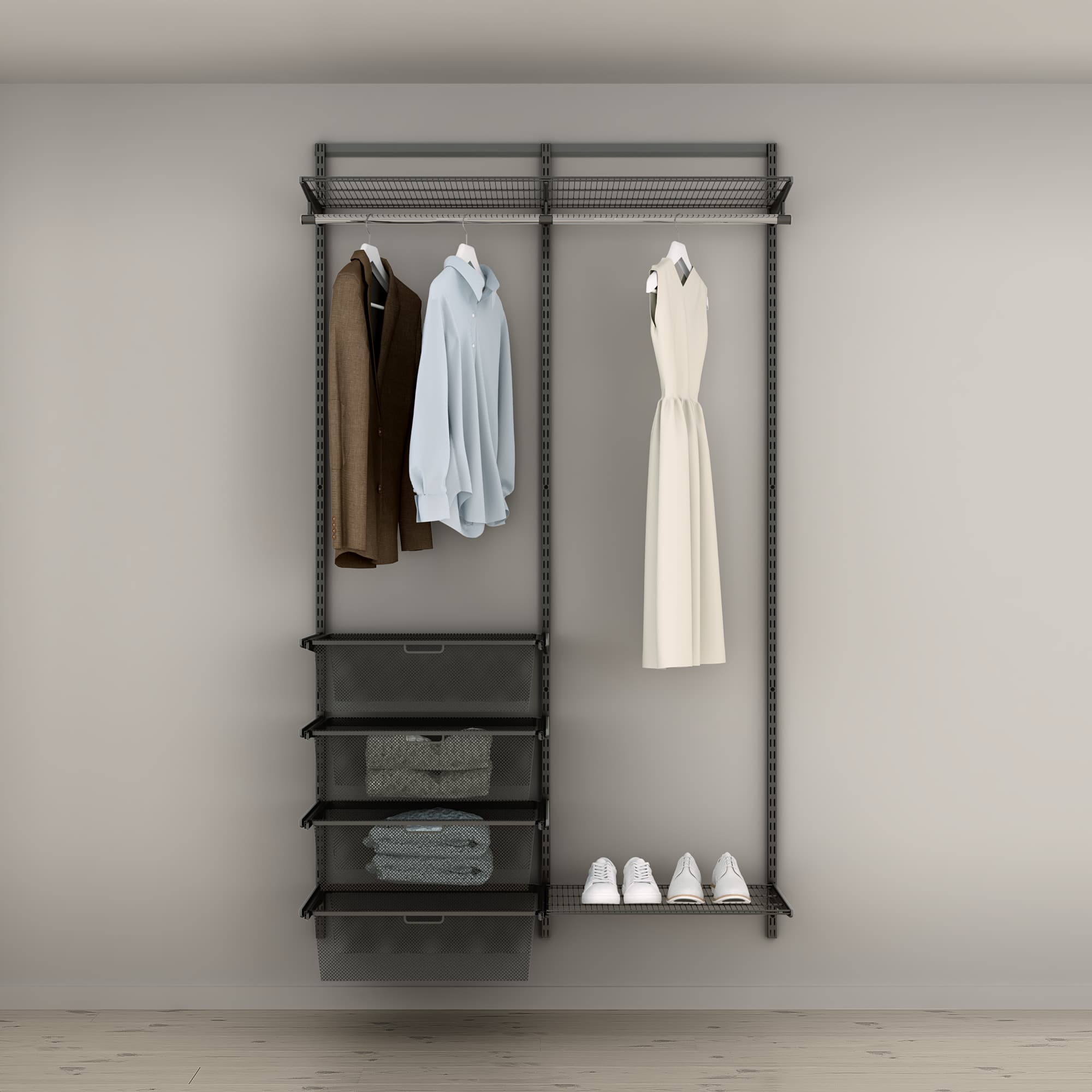 Hotové šatní řešení Classic by Elfa v grafitové variantě - var. 3