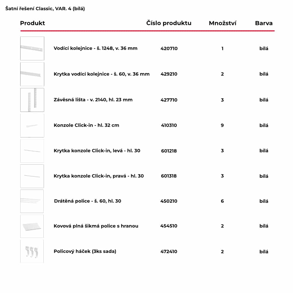 Seznam obsažených produktů pro hotové šatní řešení Classic by Elfa v bílé variantě - var. 4