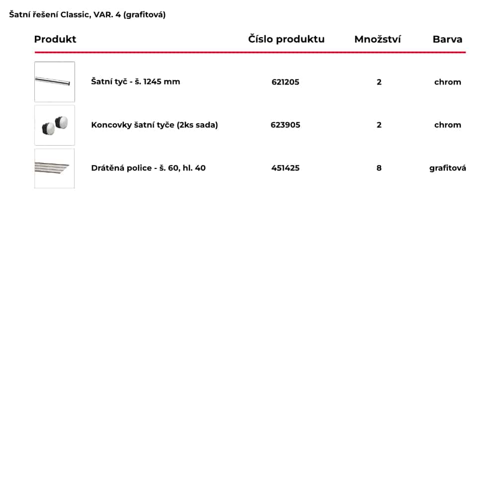 Seznam obsažených produktů pro hotové šatní řešení Classic by Elfa v grafitové variantě - var. 4
