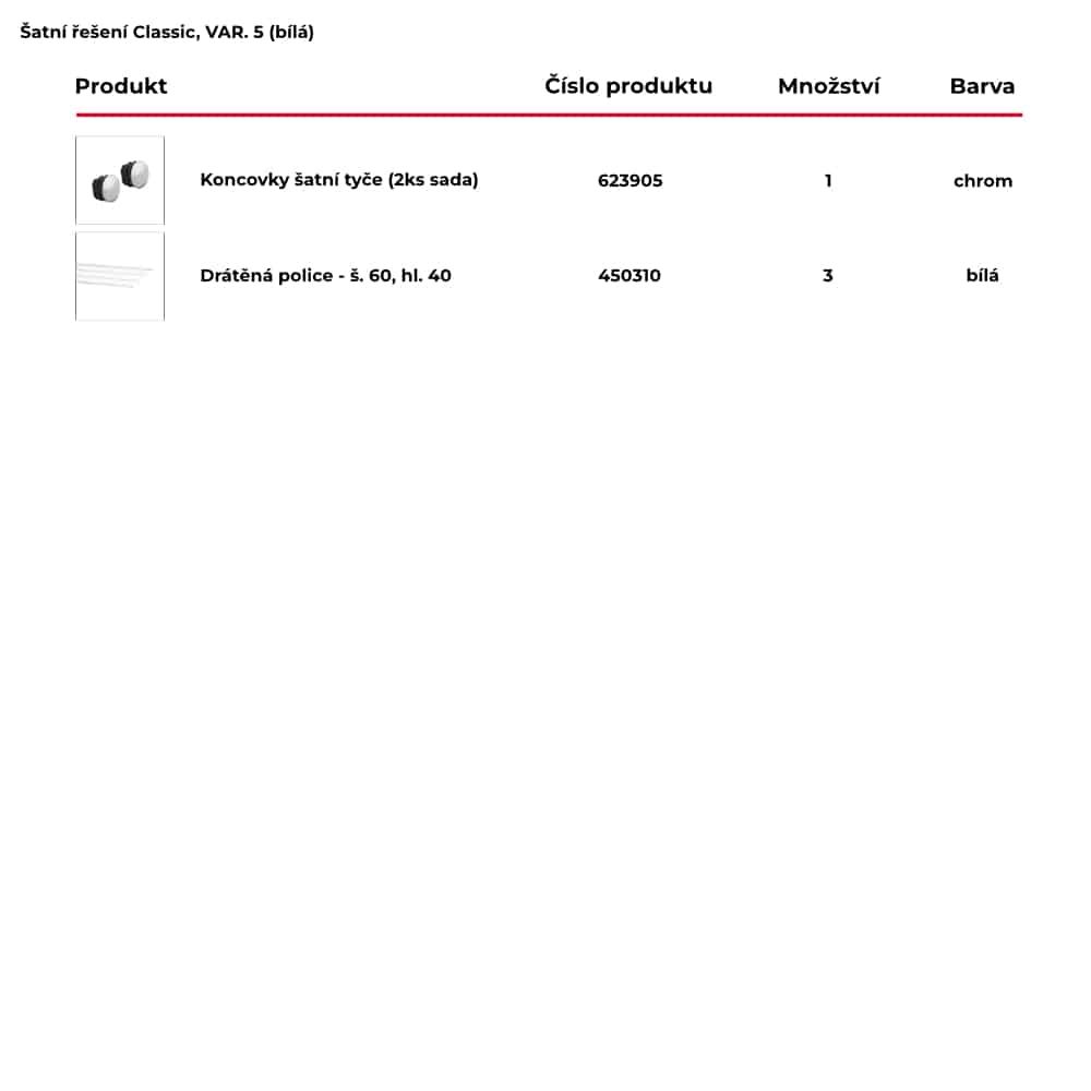 Seznam obsažených produktů pro hotové šatní řešení Classic by Elfa v bílé variantě - var. 5