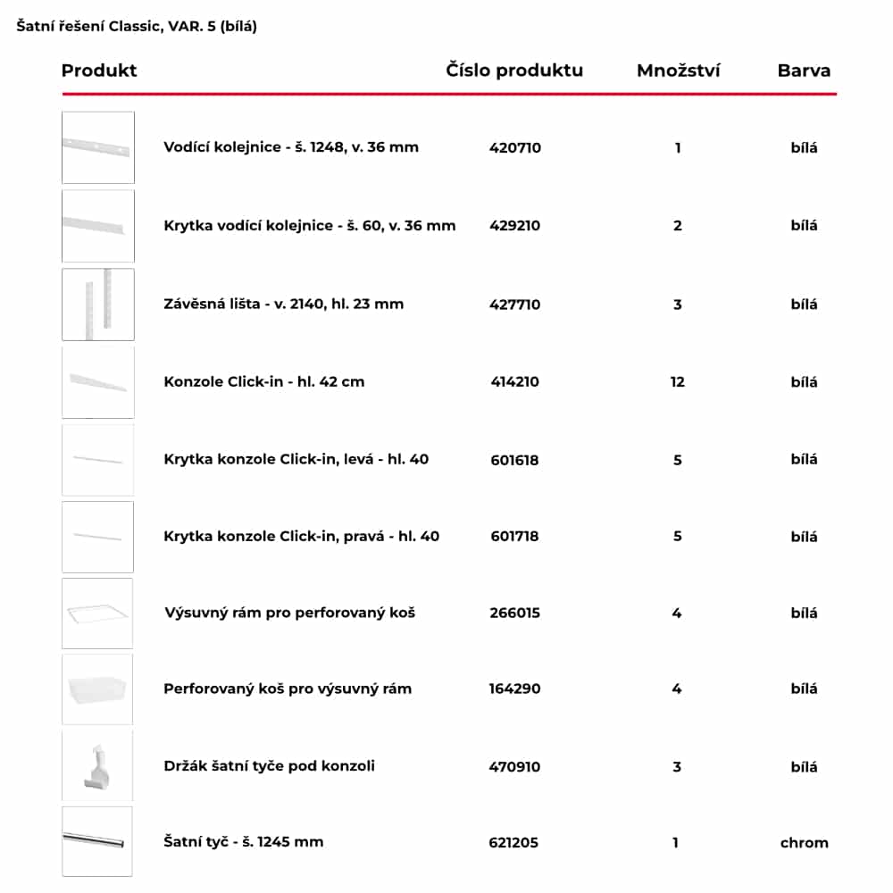 Seznam obsažených produktů pro hotové šatní řešení Classic by Elfa v bílé variantě - var. 5