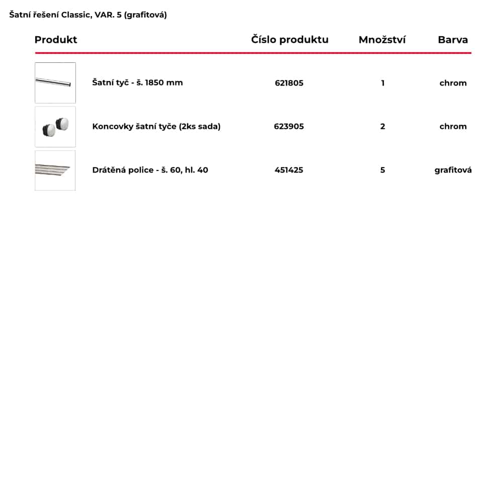 Seznam produktů obsažených pro hotové šatní řešení Classic by Elfa - var. 5