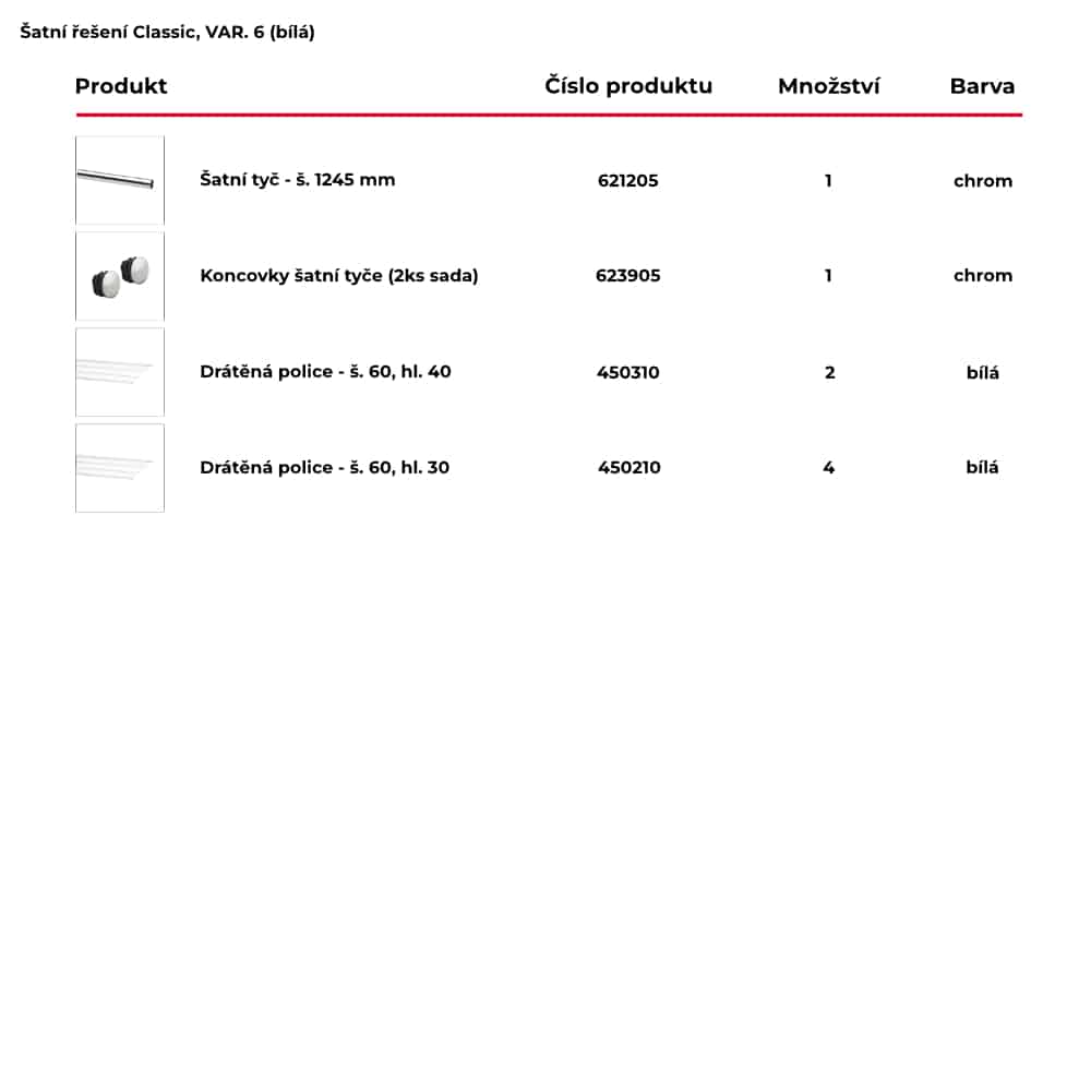Seznam obsažených produktů pro hotové šatní řešení Classic by Elfa v bílé variantě - var. 6