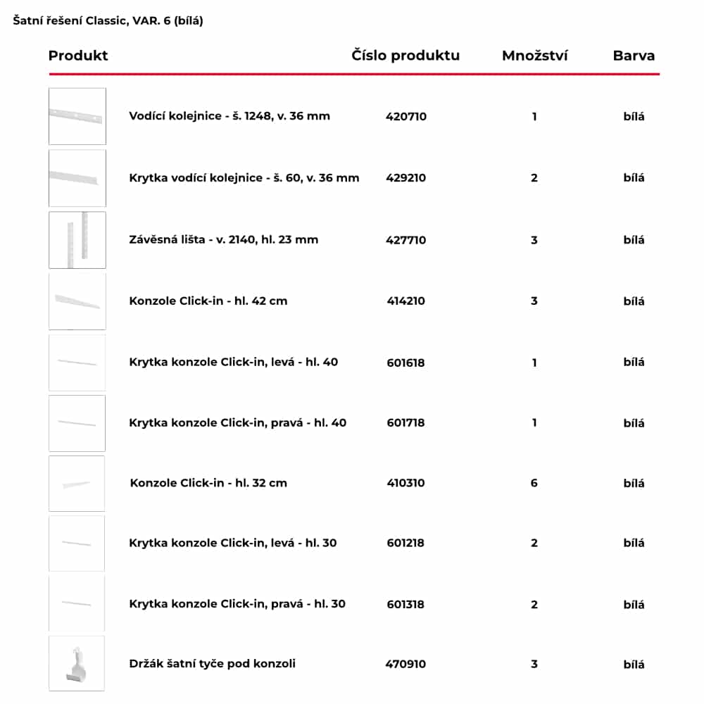 Seznam obsažených produktů pro hotové šatní řešení Classic by Elfa v bílé variantě - var. 6