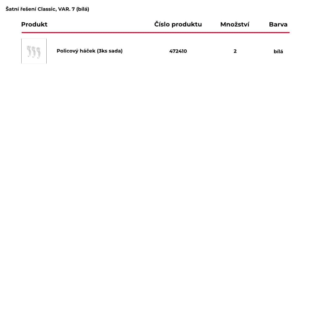 Seznam obsažených produktů pro hotové šatní řešení Classic by Elfa v bílé variantě - var. 7