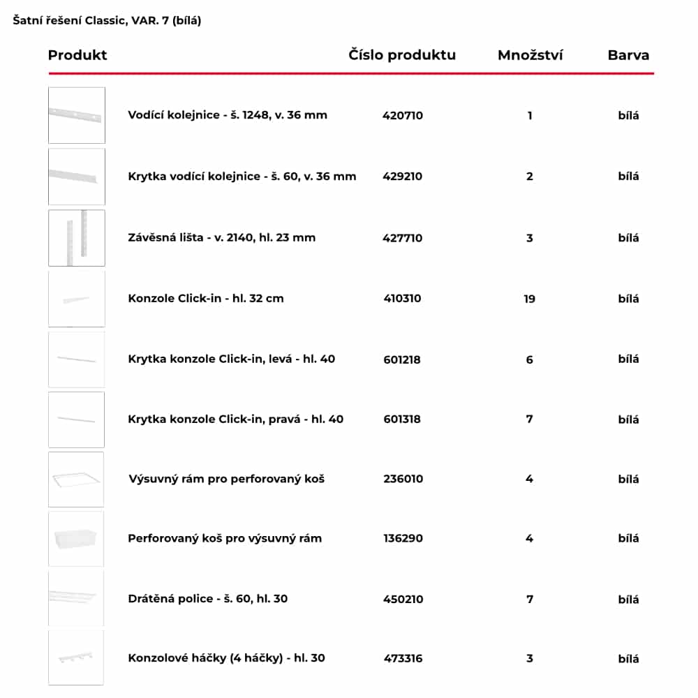 Seznam obsažených produktů pro hotové šatní řešení Classic by Elfa v bílé variantě - var. 7