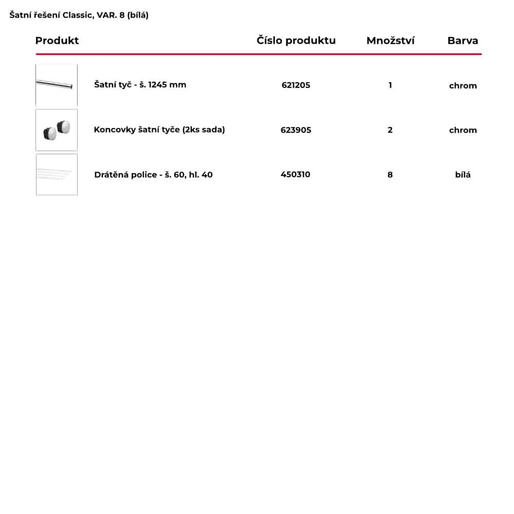 Seznam obsažených produktů pro hotové šatní řešení Classic by Elfa v bílé variantě - var. 8