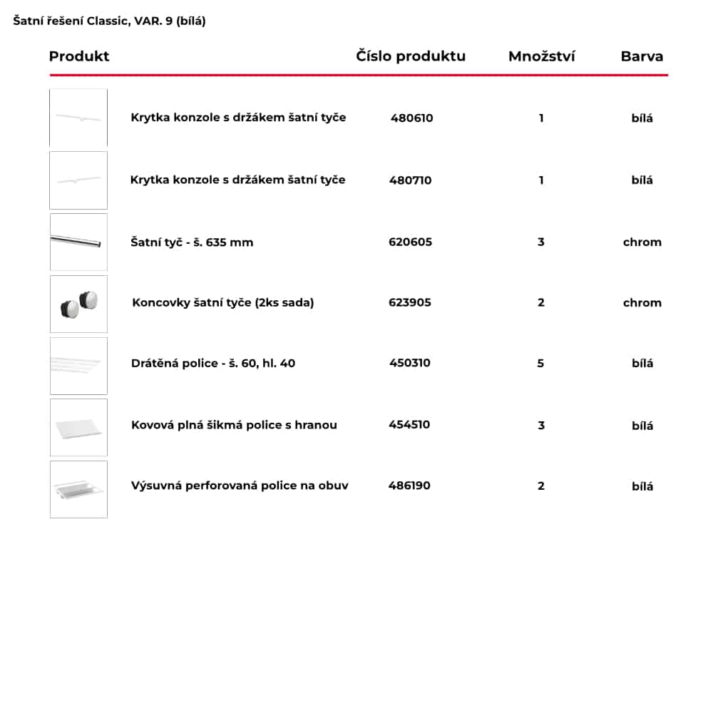 Seznam obsažených produktů pro hotové šatní řešení Classic by Elfa v bílé variantě - var. 9
