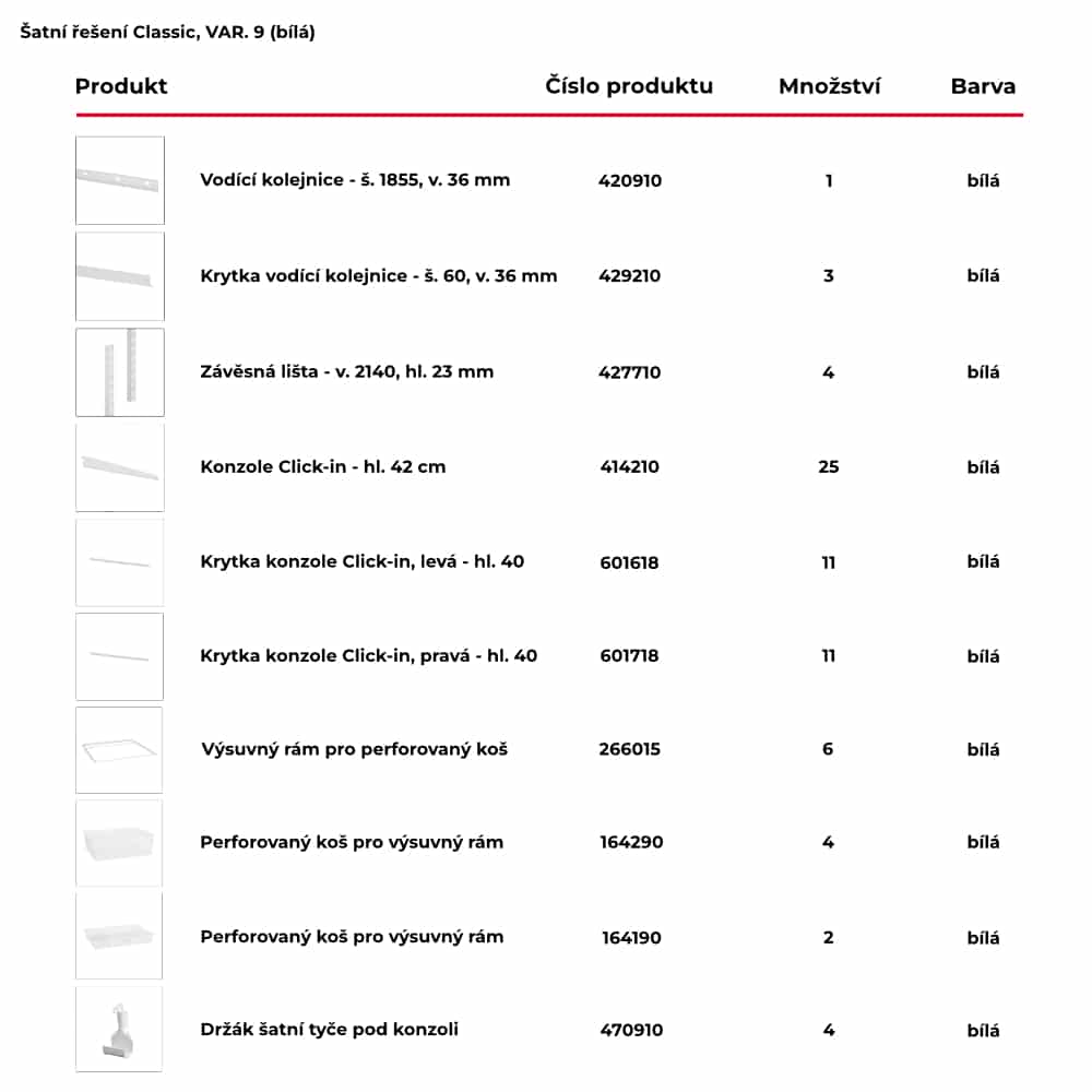 Seznam obsažených produktů pro hotové šatní řešení Classic by Elfa v bílé variantě - var. 9