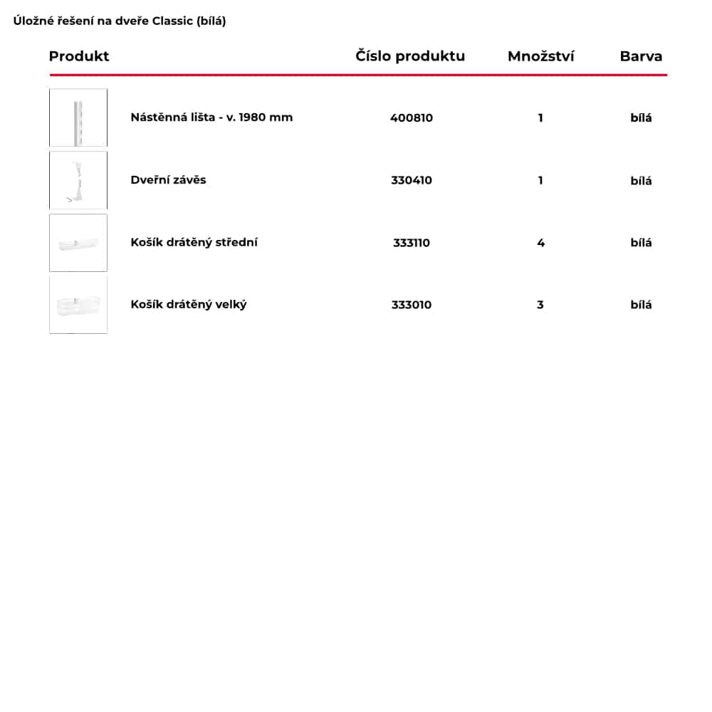 Seznam produktů obsažených pro hotové úložné řešení na dveře Classic by Elfa v bílé variantě