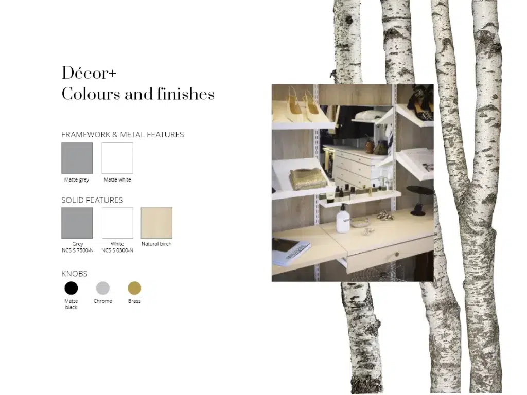 Přehled sortimentu Décor+ barev a materiálů.