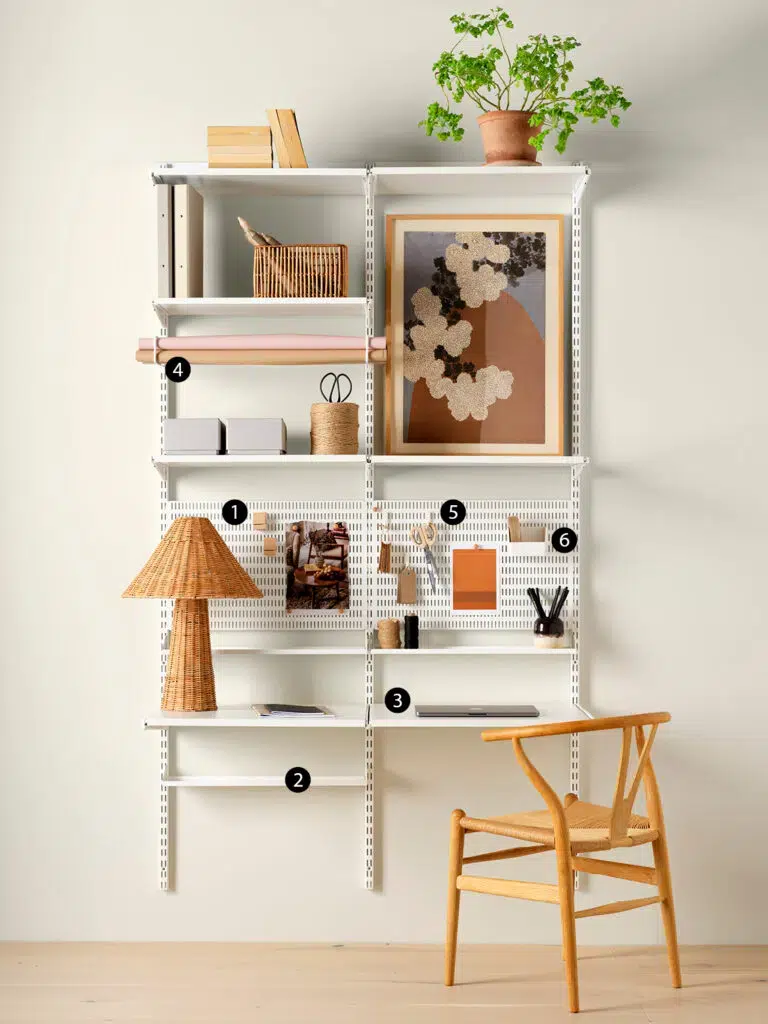 Rozpad úložné sestavy pro domácí kancelář řady Classic by Elfa na 6 položek (produktů).