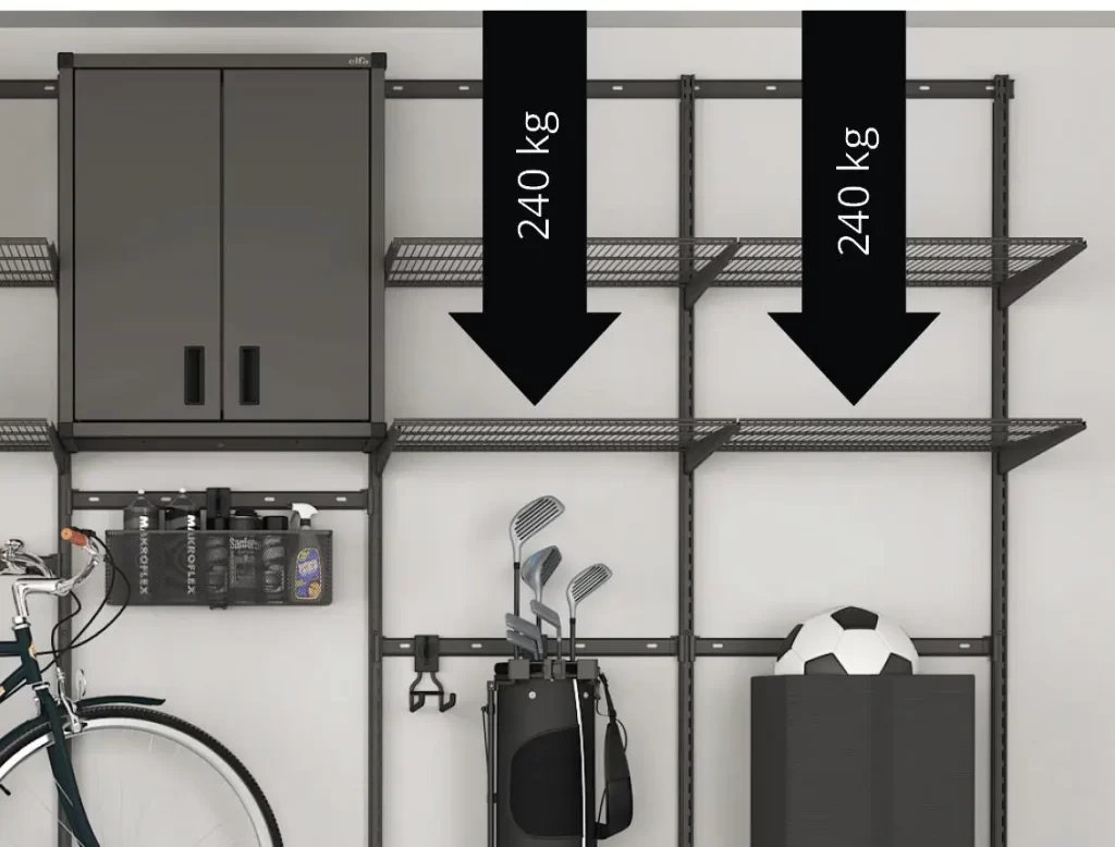 Maximální nosnost (zatížení) systému Garage+ v rámci jedné sekce - modulu je 240 kg.