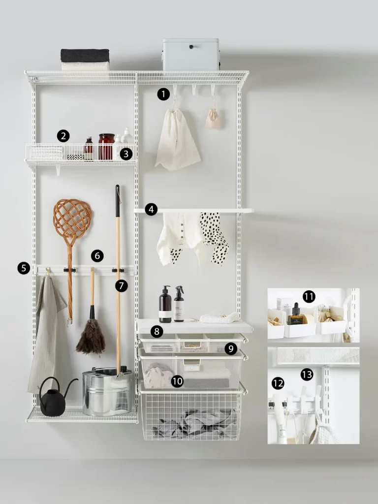 Rozpad úložné sestavy pro prádelnu a úklid řady Classic by Elfa na 13 položek (produktů).
