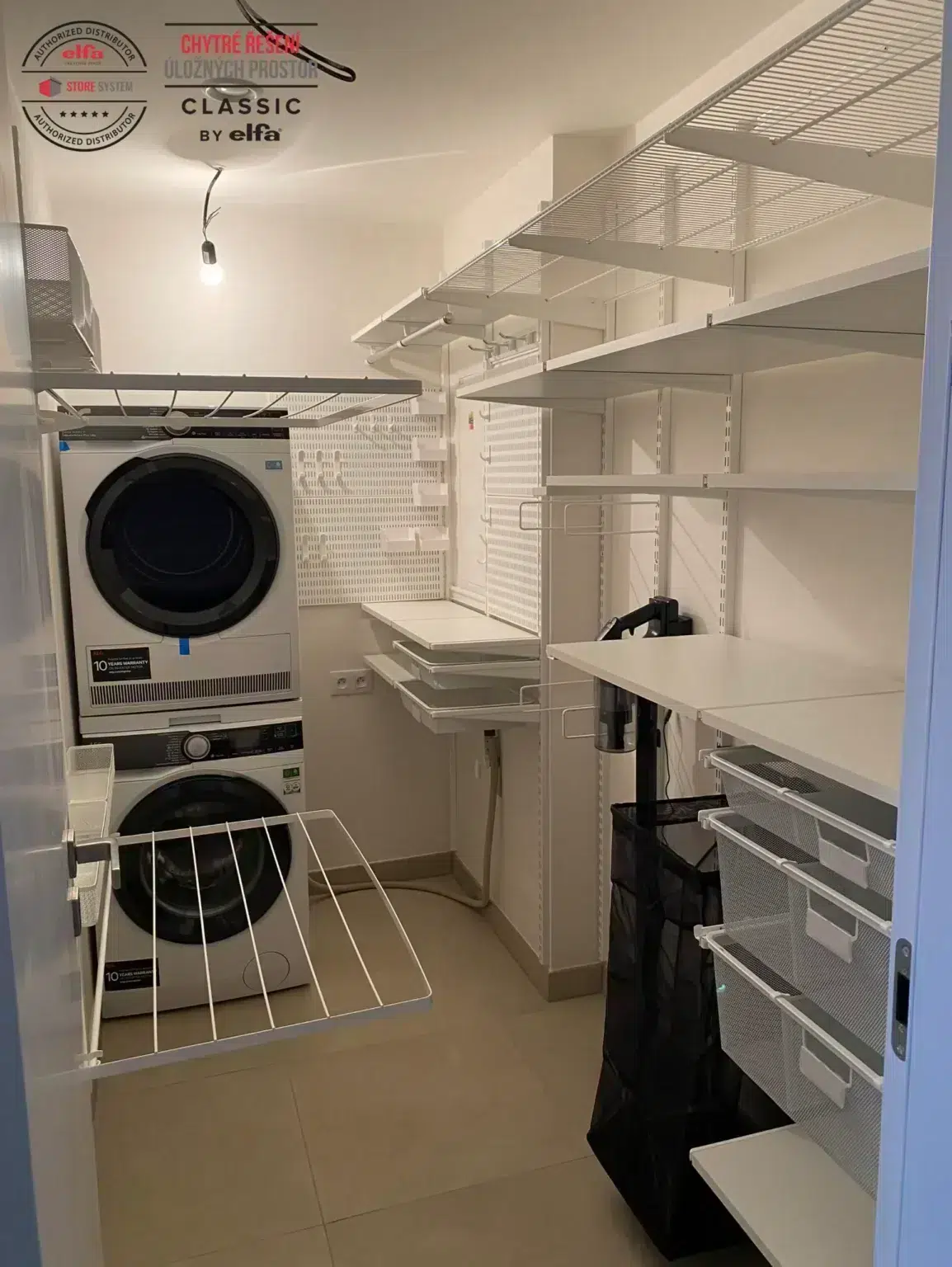 Úložný systém Classic by Elfa do prádelny, sušárny.