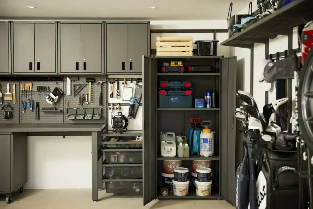 Úložný systém Garage+ v matné šedé do dílny.